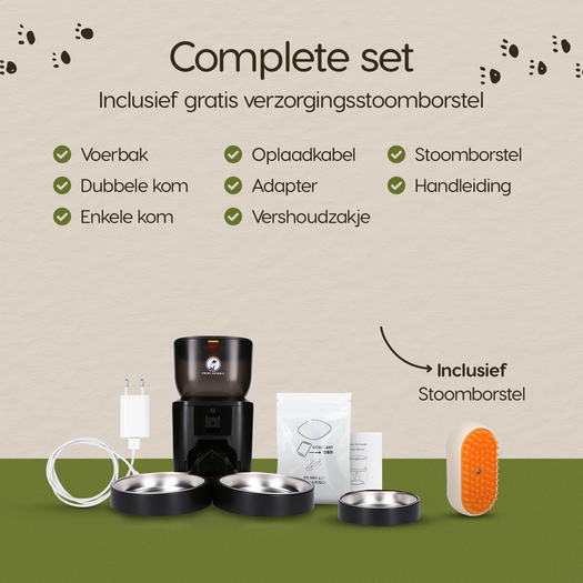 Verpakkingsinhoud van de Prime AnimalZ automatische voerbak premium upgraded 4 liter model ECC zwart