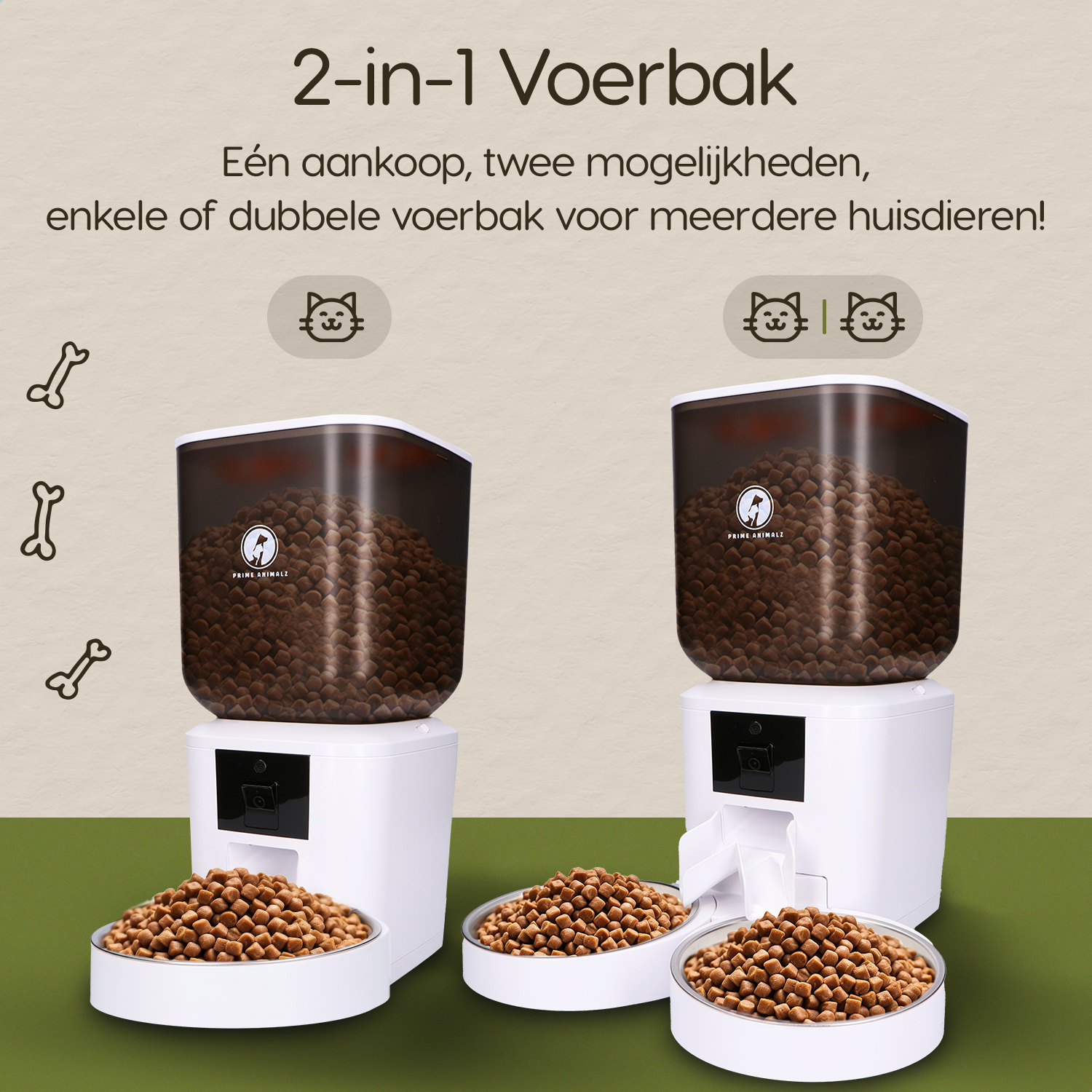 Prime AnimalZ automatische voerbak premium upgraded 7 liter model ECC wit met keuze tussen enkele en dubbele voerbak
