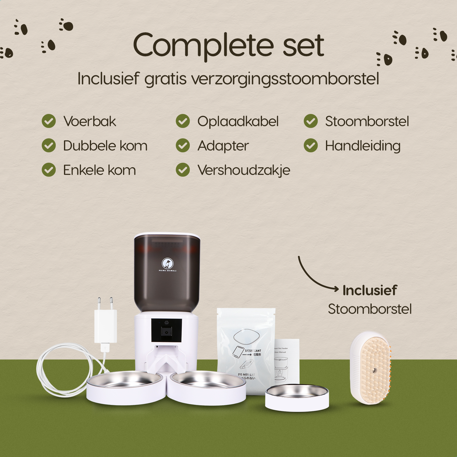 Verpakkingsinhoud van de Prime AnimalZ automatische voerbak premium upgraded 7 liter model ECC wit