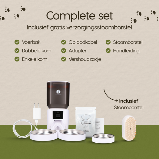 Verpakkingsinhoud van de Prime AnimalZ automatische voerbak premium upgraded 7 liter model ECC wit