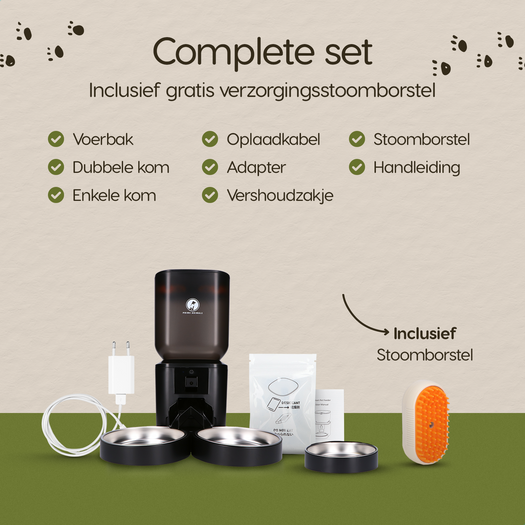 Verpakkingsinhoud van de Prime AnimalZ automatische voerbak premium upgraded 7 liter model ECC zwart