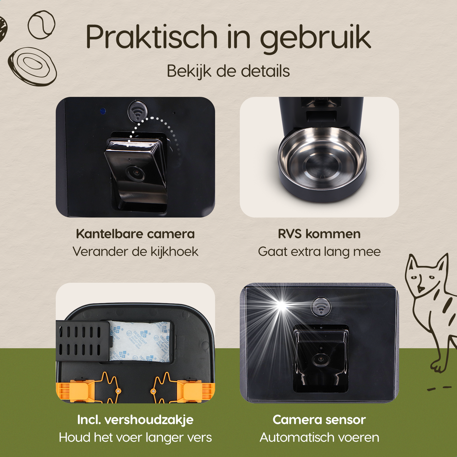 Onderdelen en functies van de Prime AnimalZ automatische voerbak standaard 6 liter enkel F600ECA zwart
