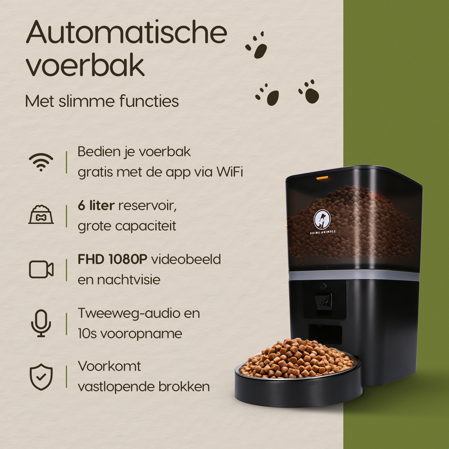 Overzicht van de slimme functies van de Prime AnimalZ automatische voerbak standaard 6 liter enkel F600ECA zwart