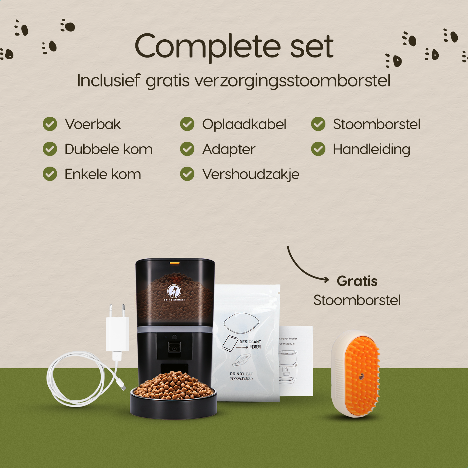 Inhoud van de verpakking van de Prime AnimalZ automatische voerbak standaard 6 liter enkel F600ECA zwart inclusief verzorgingsstoomborstel
