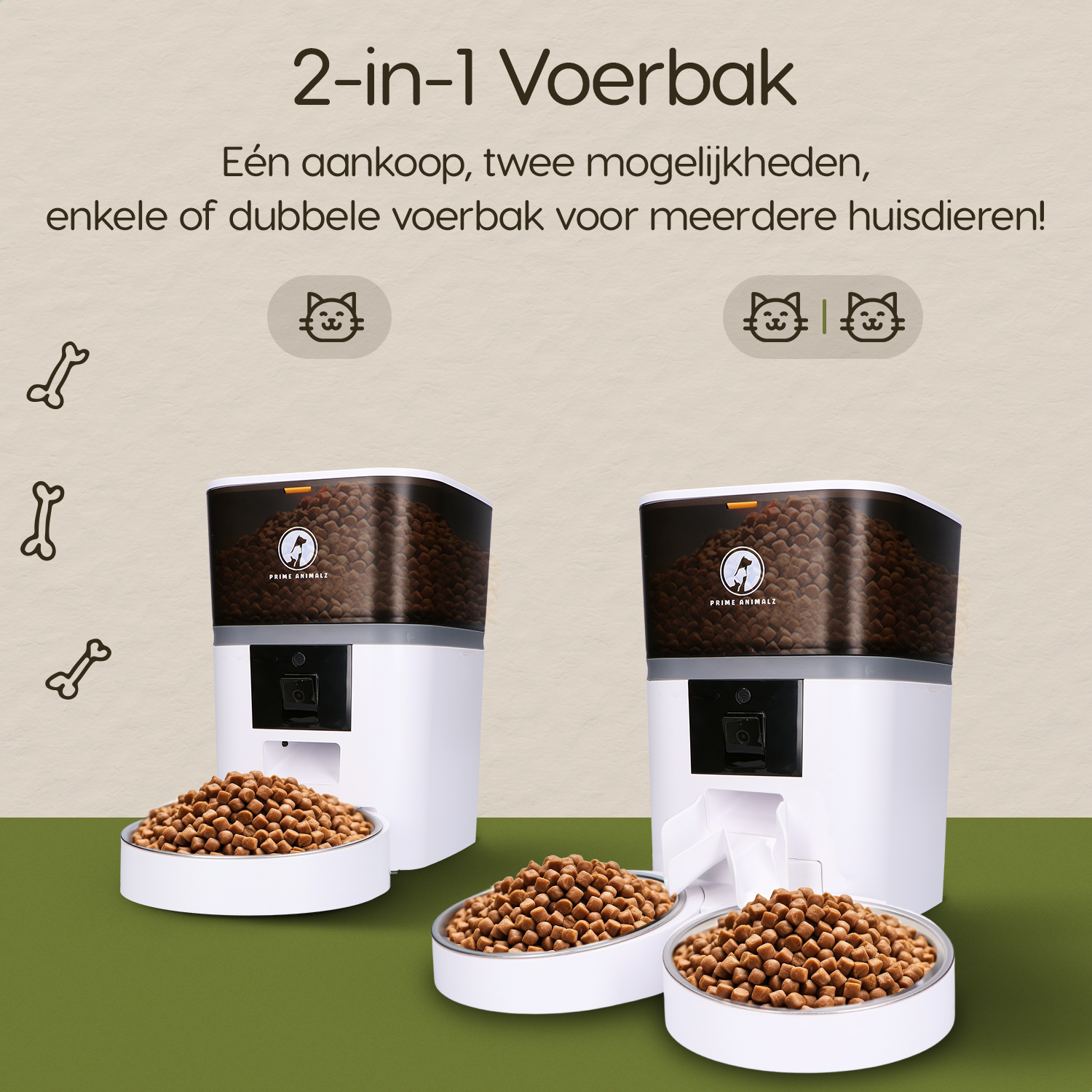 Prime AnimalZ automatische voerbak standaard upgraded 4 liter model EDA wit met keuze tussen enkele en dubbele voerbak