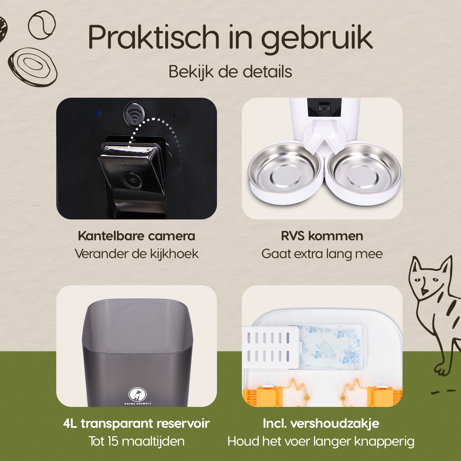 Onderdelen en functies van de Prime AnimalZ automatische voerbak standaard upgraded 4 liter model EDA wit duidelijk uitgelegd