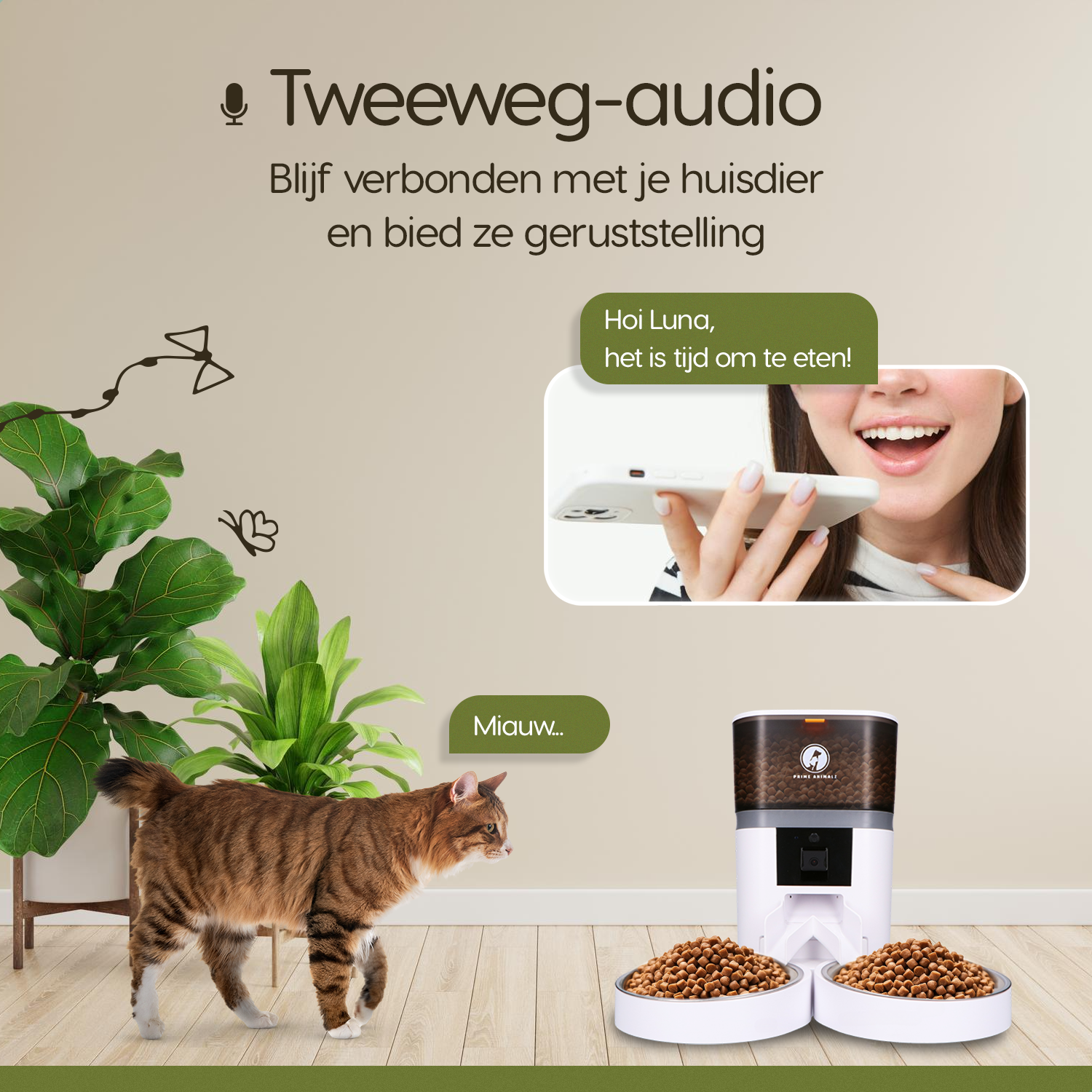 Prime AnimalZ automatische voerbak standaard upgraded 4 liter model EDA wit met tweeweg audio communicatie via de app