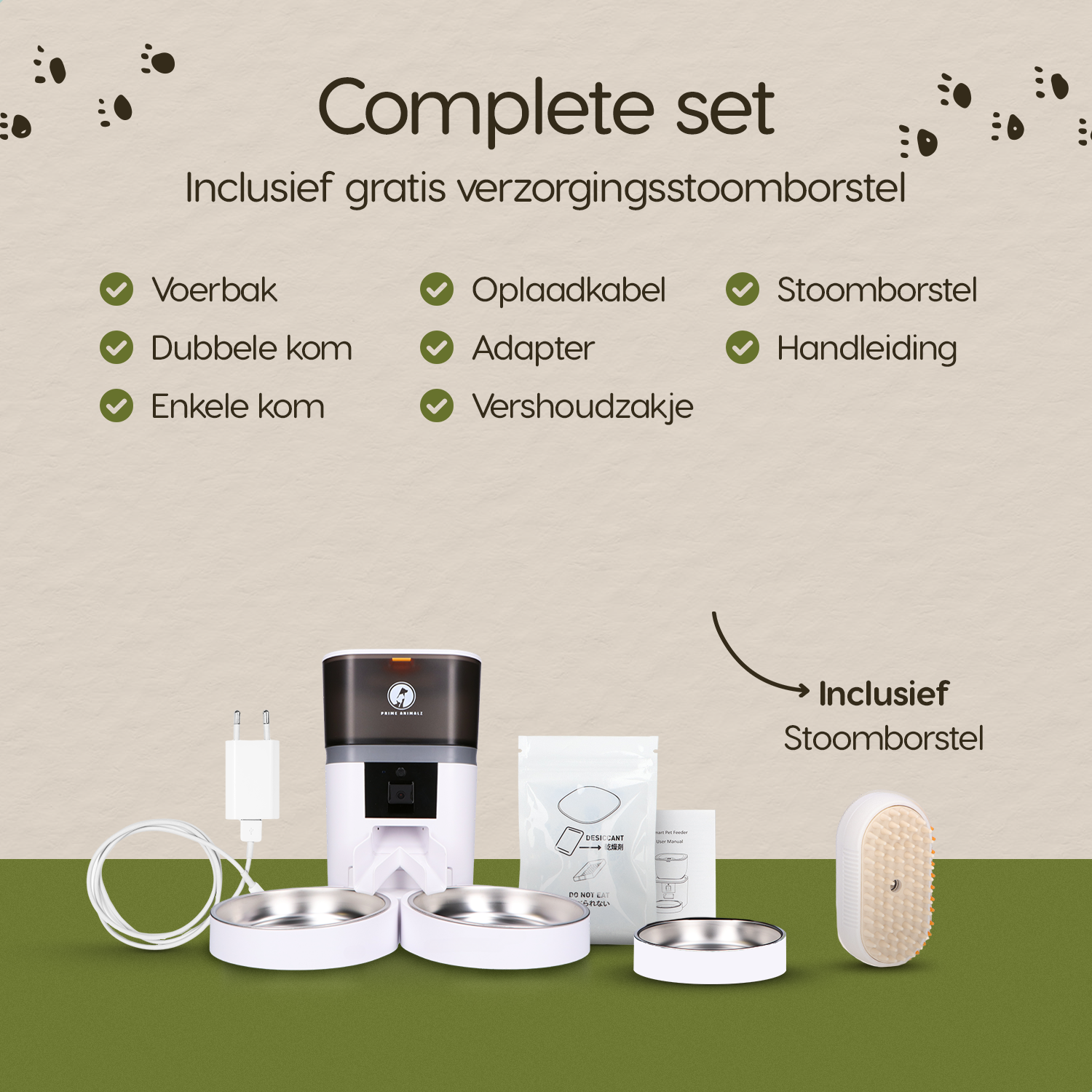 Verpakkingsinhoud van de Prime AnimalZ automatische voerbak standaard upgraded 4 liter model EDA wit