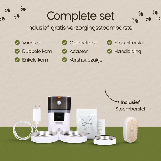 Verpakkingsinhoud van de Prime AnimalZ automatische voerbak standaard upgraded 4 liter model EDA wit
