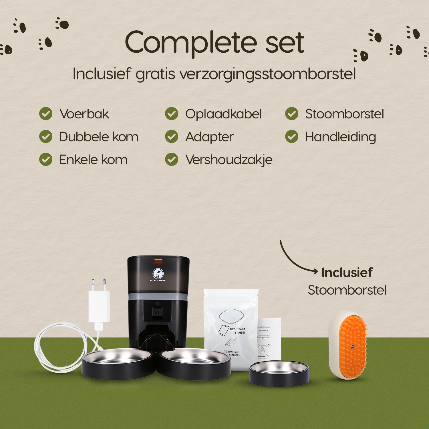 Verpakkingsinhoud van de Prime AnimalZ automatische voerbak standaard upgraded 4 liter model EDA zwart
