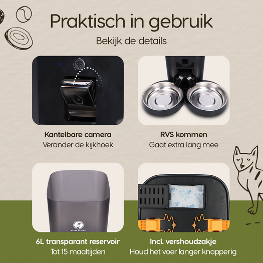 Onderdelen en functies van de Prime AnimalZ automatische voerbak standaard upgraded 6 liter model ECC zwart duidelijk uitgelegd