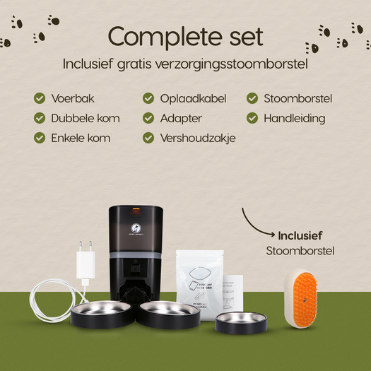 Verpakkingsinhoud van de Prime AnimalZ automatische voerbak standaard upgraded 6 liter model ECC zwart