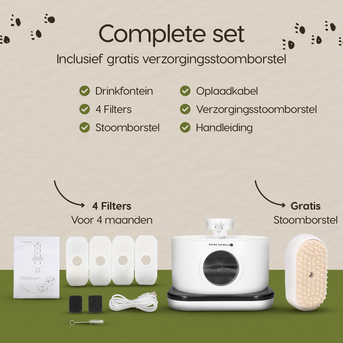 Verpakkingsinhoud van de Prime AnimalZ drinkfontein D600A wit met meegeleverde accessoires