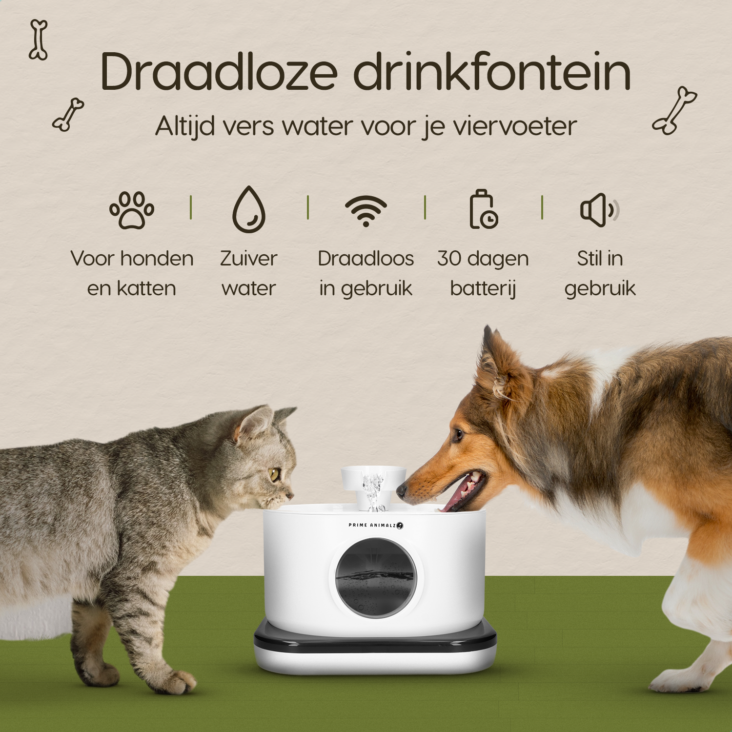 Belangrijkste voordelen van de Prime AnimalZ drinkfontein D600A wit, fluisterstil, draadloos en met stromend water