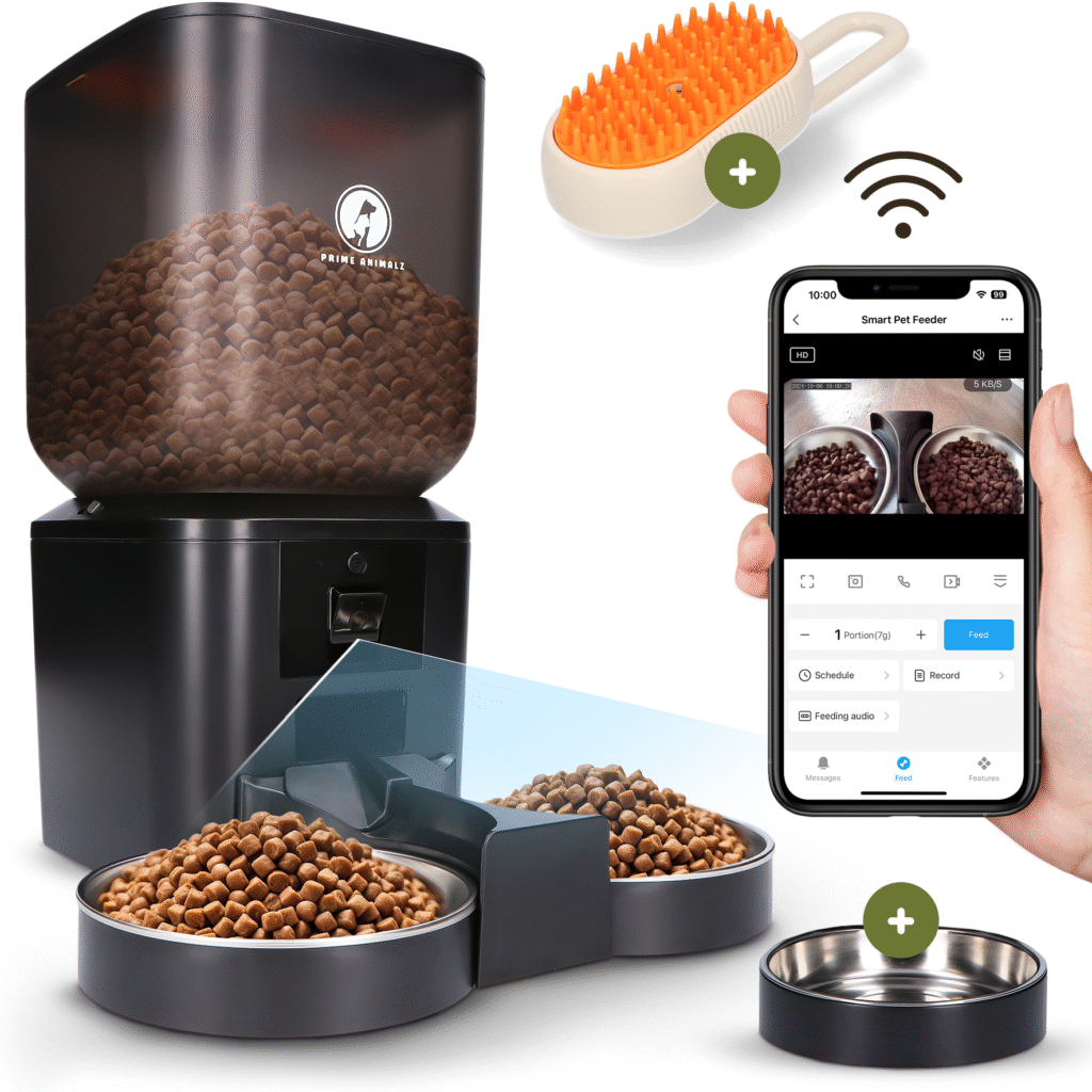Prime AnimalZ Automatische Voerbak kat hond 7L zwart – dubbele RVS-kommen met camera en app