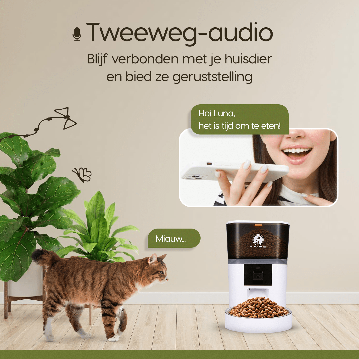 Automatische voerbak met 2-weg audio – praten met je huisdier via app
